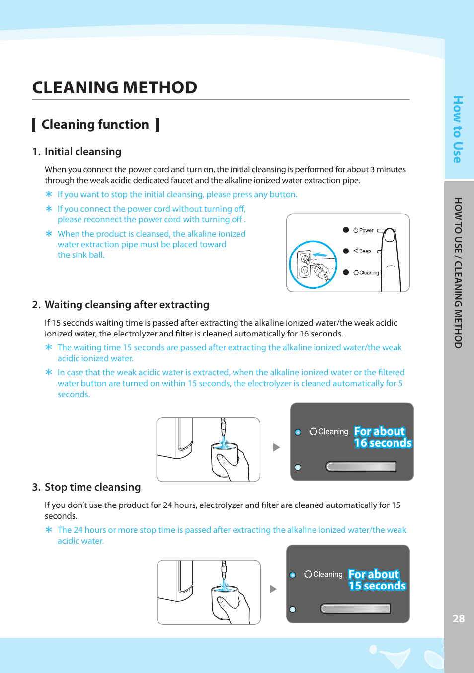 Cleaning method, Cleaning function, For about 16 seconds | For about 15 seconds | Coway EW-07GU User Manual | Page 29 / 48