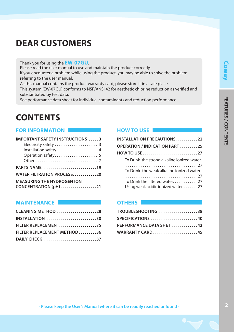 Dear customers contents, Co w ay | Coway EW-07GU User Manual | Page 3 / 48