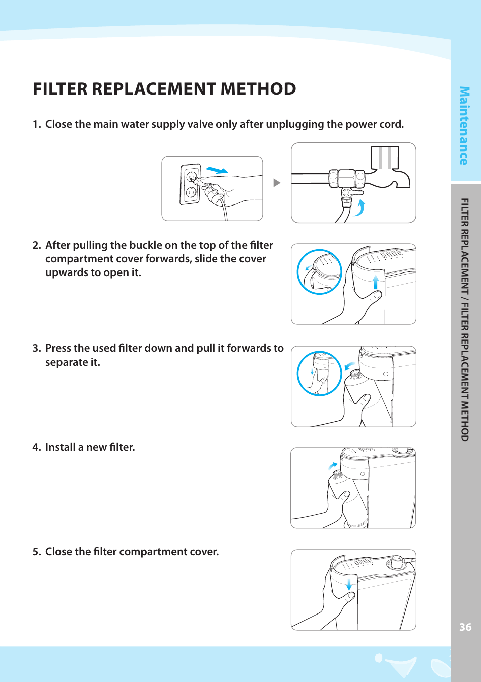 Filter replacement method, Main tenanc e | Coway EW-07GU User Manual | Page 37 / 48