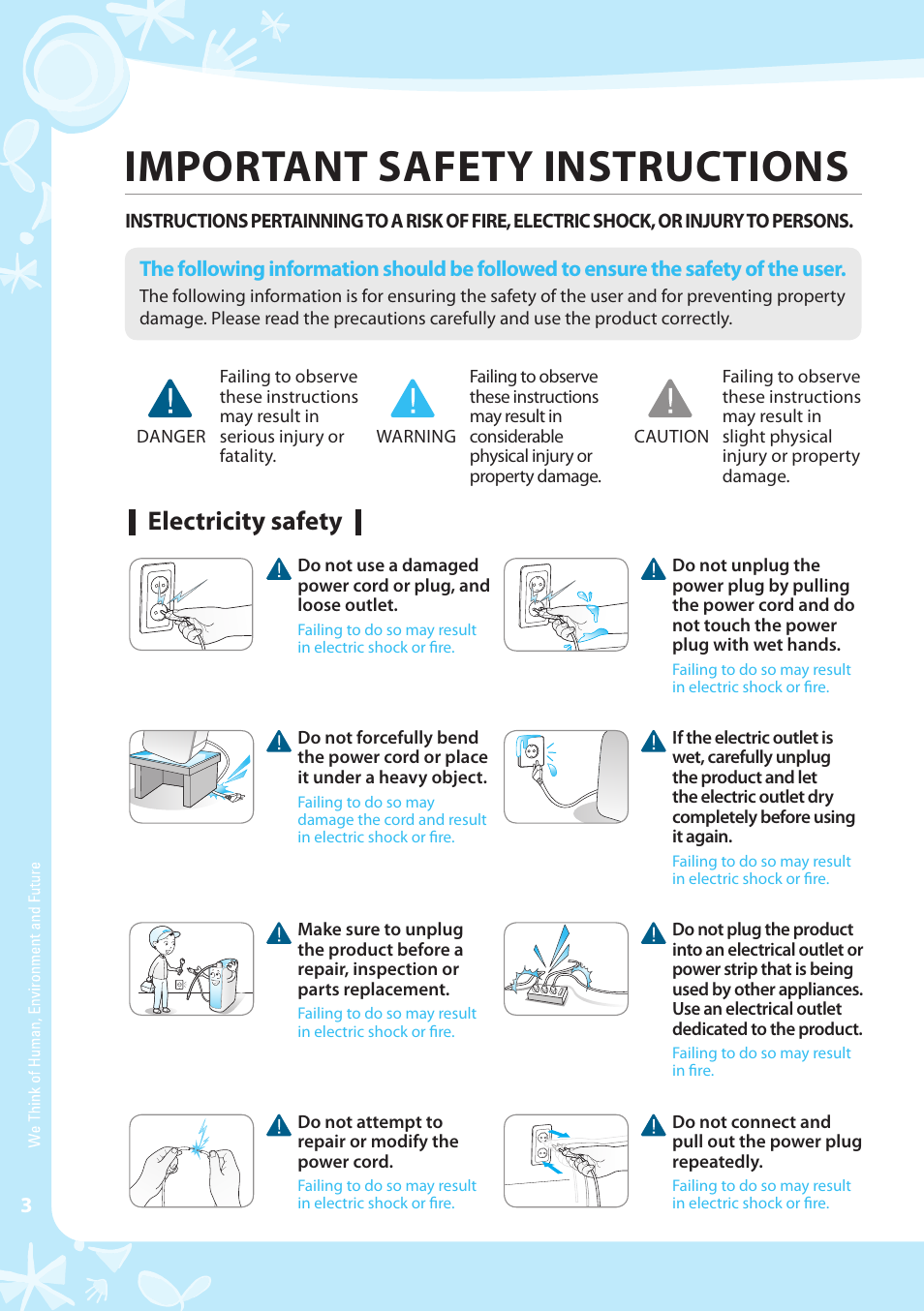 Important safety instructions, Electricity safety | Coway EW-07GU User Manual | Page 4 / 48