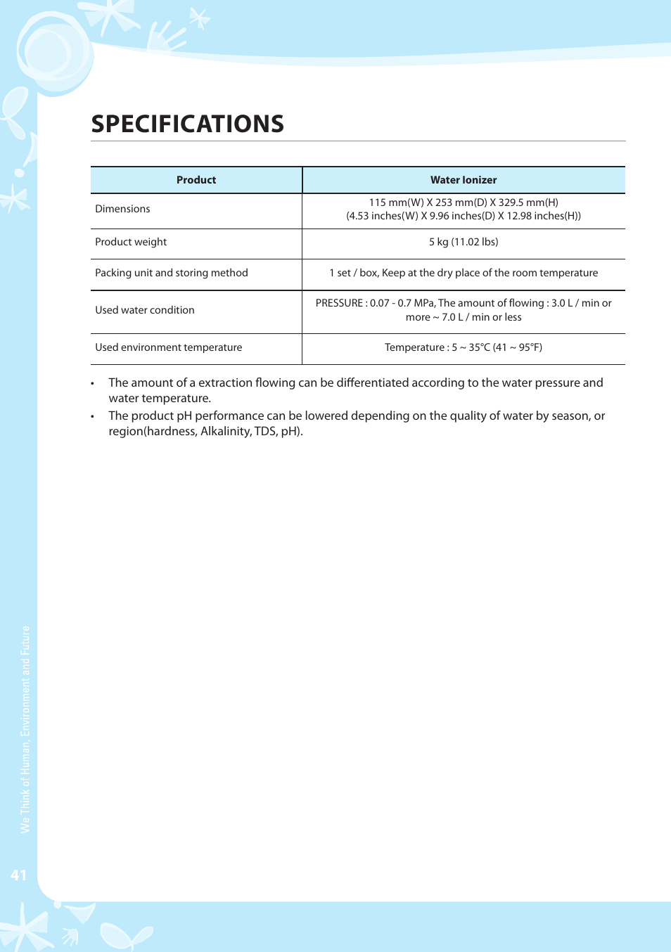 Specifications | Coway EW-07GU User Manual | Page 42 / 48