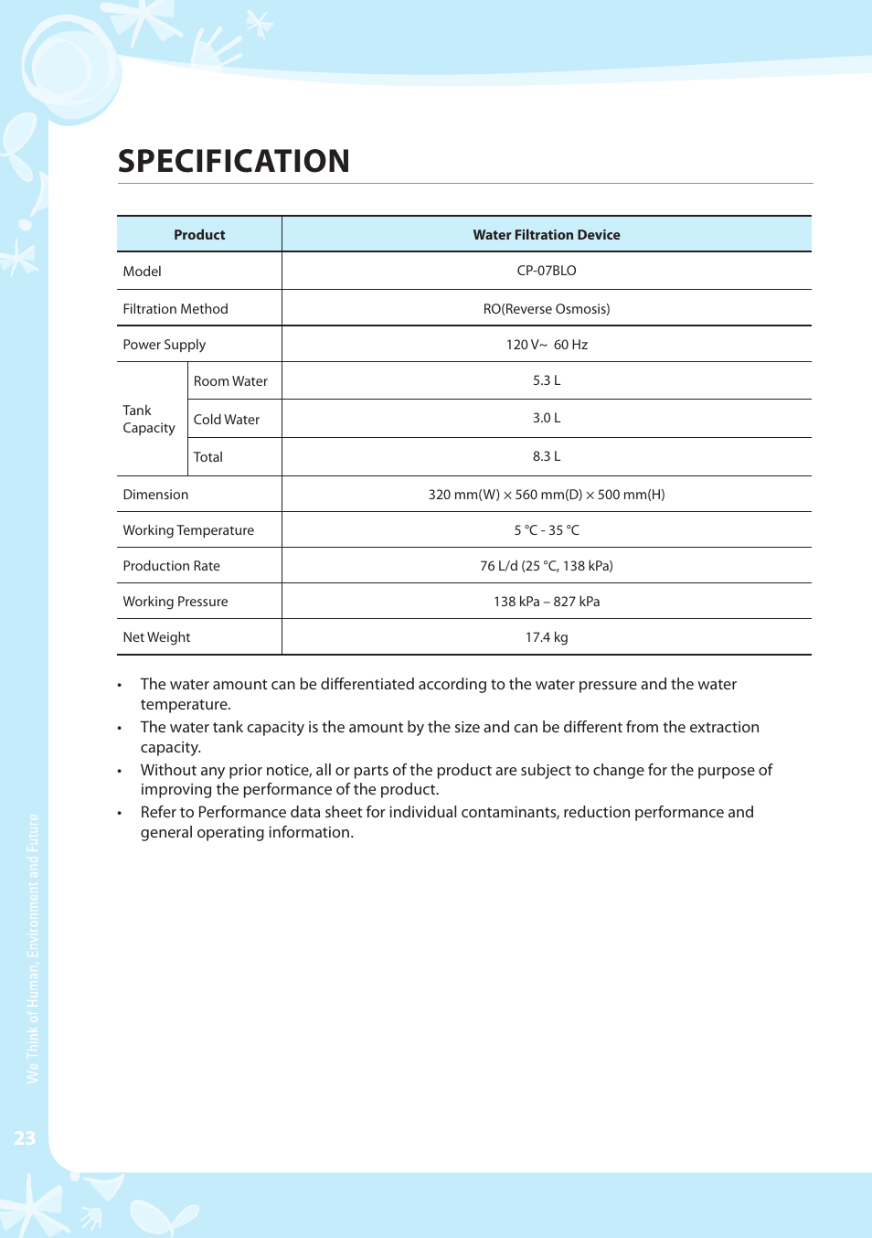 Specification | Coway CP-07BLO User Manual | Page 24 / 32