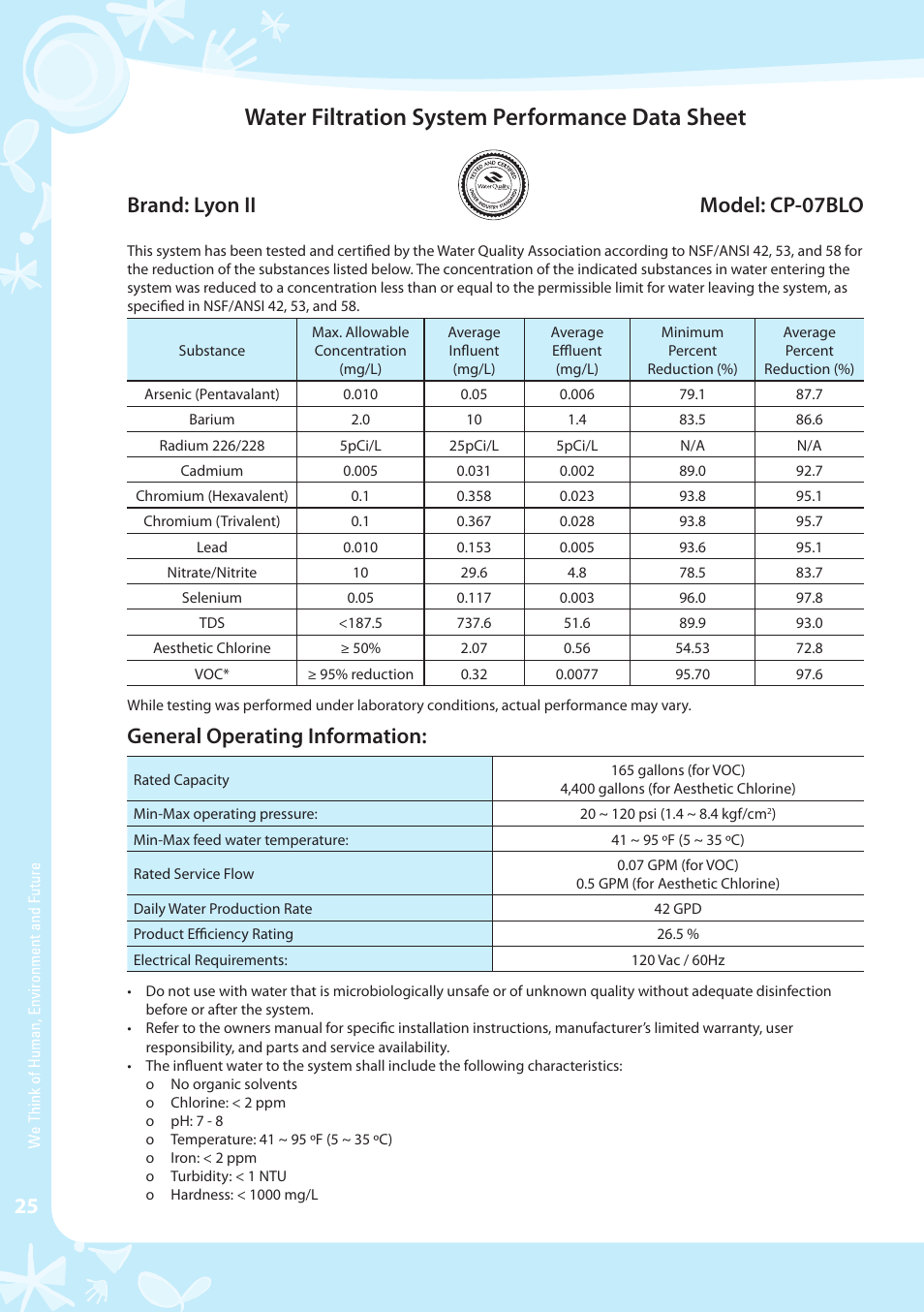 Water filtration system performance data sheet, Brand: lyon ii model: cp-07blo, General operating information | Coway CP-07BLO User Manual | Page 26 / 32
