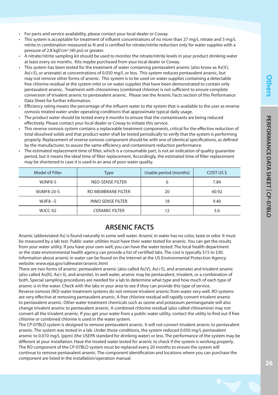Others, Arsenic facts, Perform ance d at a shee t | cp -07 bl o | Coway CP-07BLO User Manual | Page 27 / 32