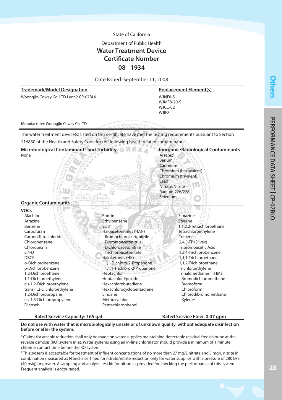 Others, Perform ance d at a shee t | cp -07 bl o | Coway CP-07BLO User Manual | Page 29 / 32