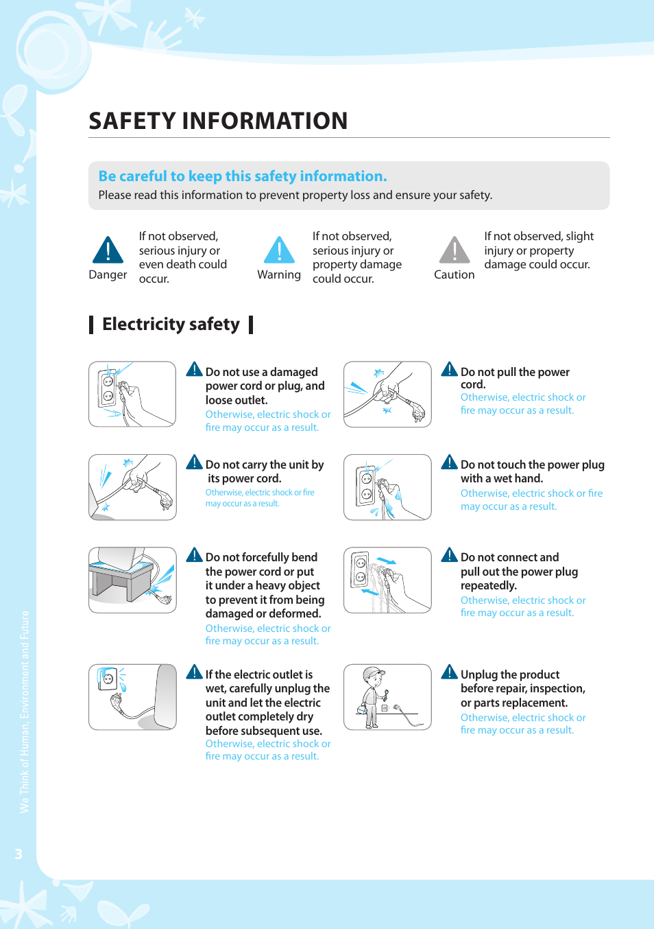 Safety information, Electricity safety, Be careful to keep this safety information | Coway CP-07BLO User Manual | Page 4 / 32