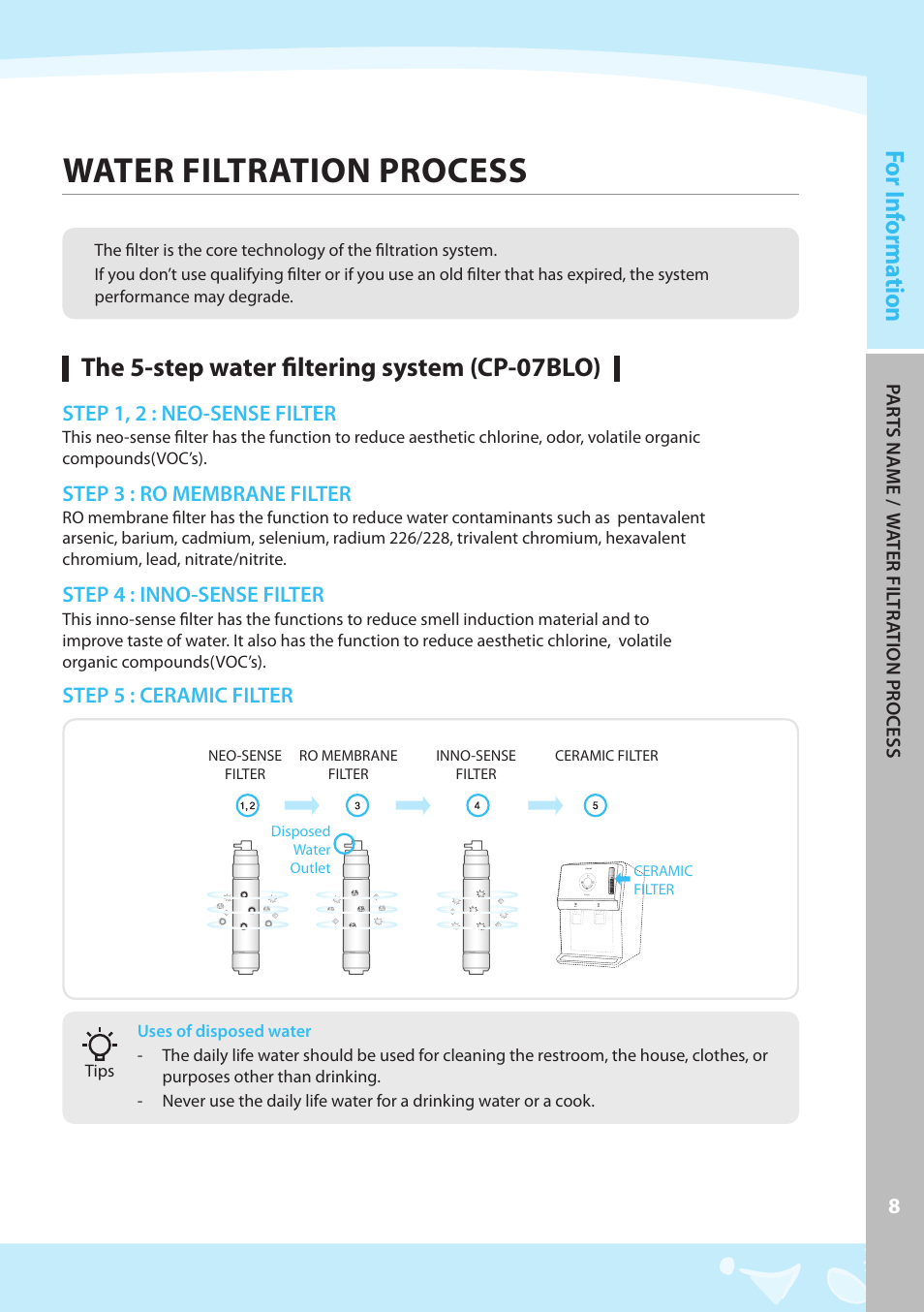 Water filtration process, The 5-step water filtering system (cp-07blo), For i nf orma tion | Coway CP-07BLO User Manual | Page 9 / 32