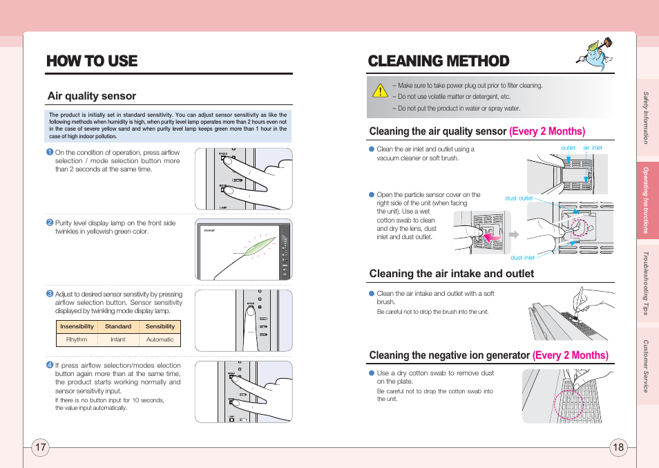 How to use cleaning method, Air quality sensor, Cleaning the air quality sensor (every 2 months) | Cleaning the air intake and outlet | Coway AP-1005AH User Manual | Page 10 / 16