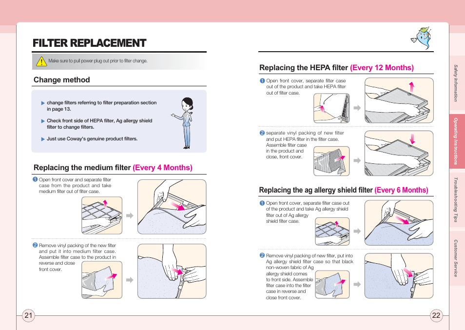 Filter replacement | Coway AP-1005AH User Manual | Page 12 / 16