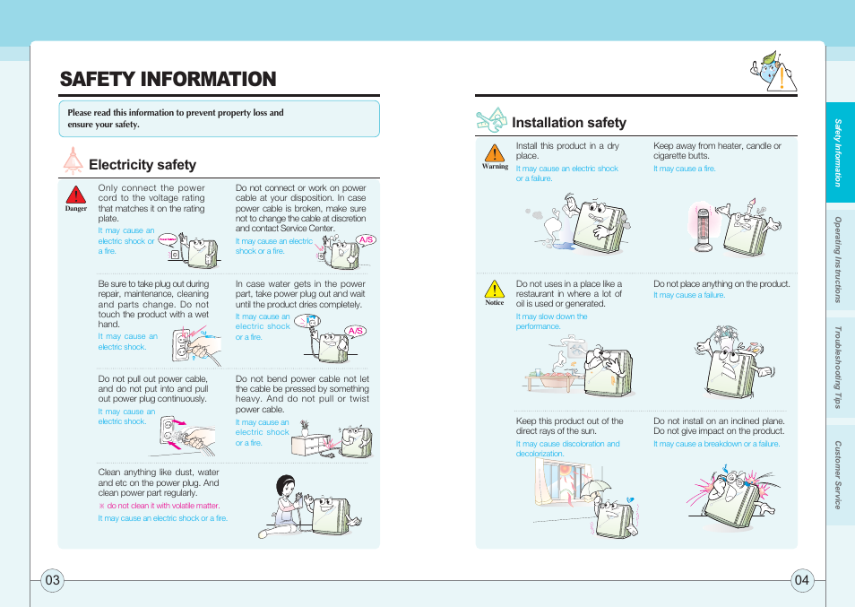 Safety information, Electricity safety, Installation safety | Coway AP-1005AH User Manual | Page 3 / 16