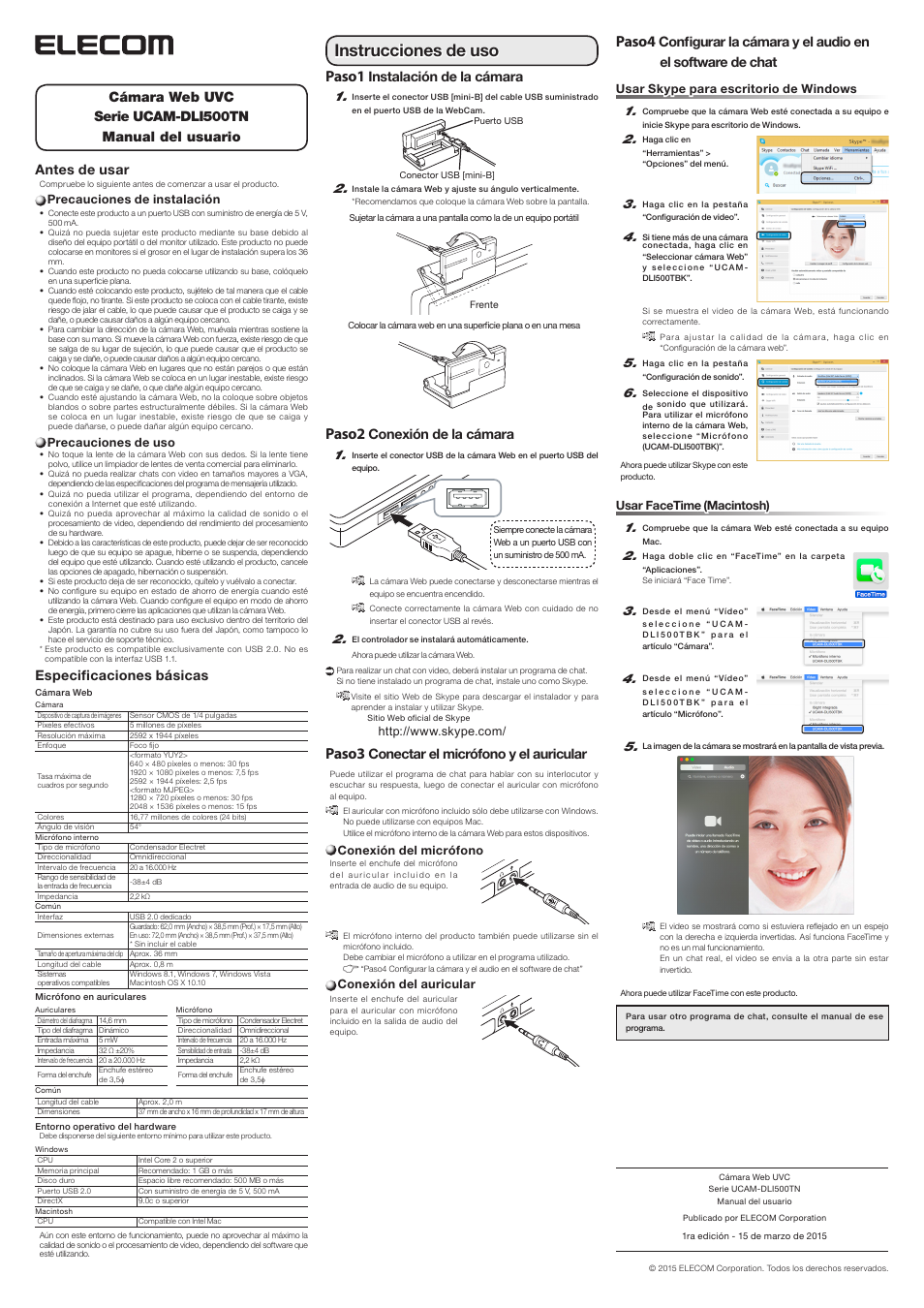 Español, Instrucciones de uso, Paso1 | Paso2, Paso3, Paso4, Antes de usar, Especificaciones básicas, Instalación de la cámara, Conexión de la cámara | Elecom UCAM-DLI500TNBK ユーザーズマニュアル User Manual | Page 3 / 4