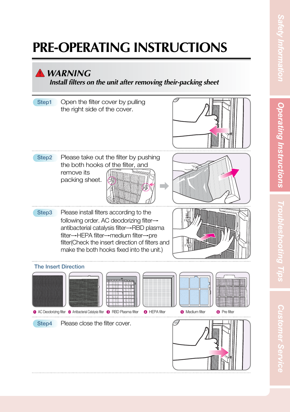 Pre-operating instructions, Warning | Coway AP-1503CHE User Manual | Page 15 / 28