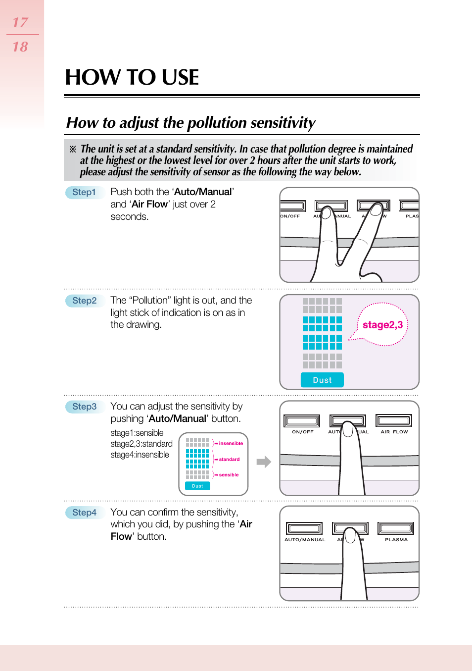 How to use, How to adjust the pollution sensitivity | Coway AP-1503CHE User Manual | Page 18 / 28