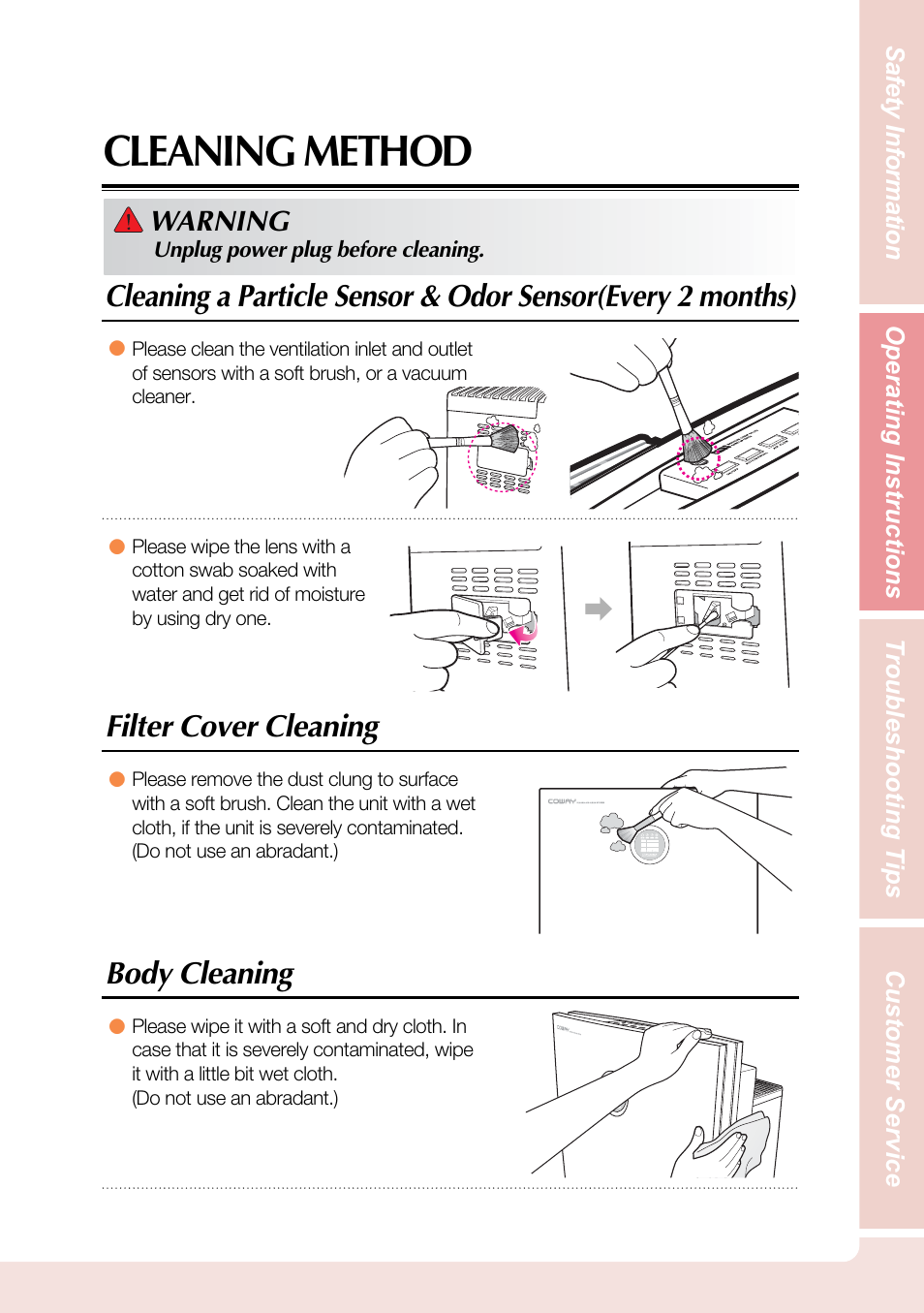 Cleaning method, Filter cover cleaning, Body cleaning | Coway AP-1503CHE User Manual | Page 19 / 28