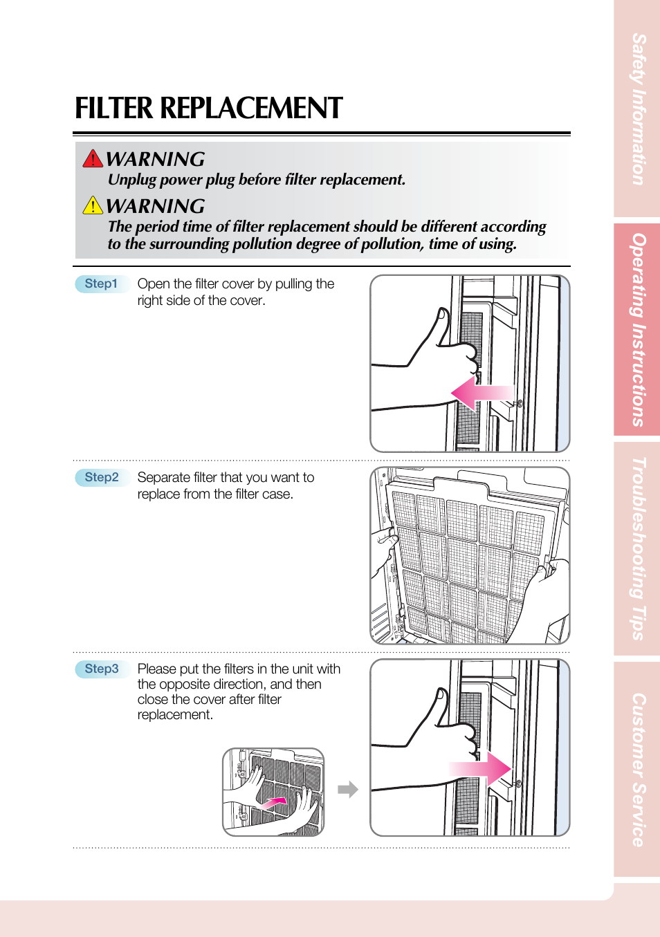 Filter replacement, Warning | Coway AP-1503CHE User Manual | Page 23 / 28