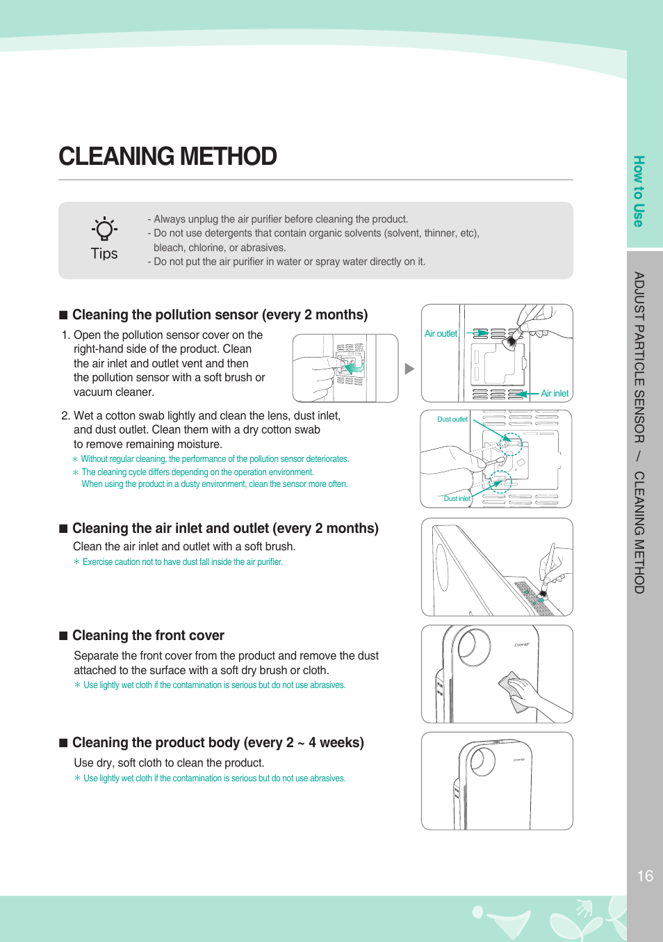 Cleaning method, Adjust particle sensor | Coway AP-1008BH User Manual | Page 17 / 24