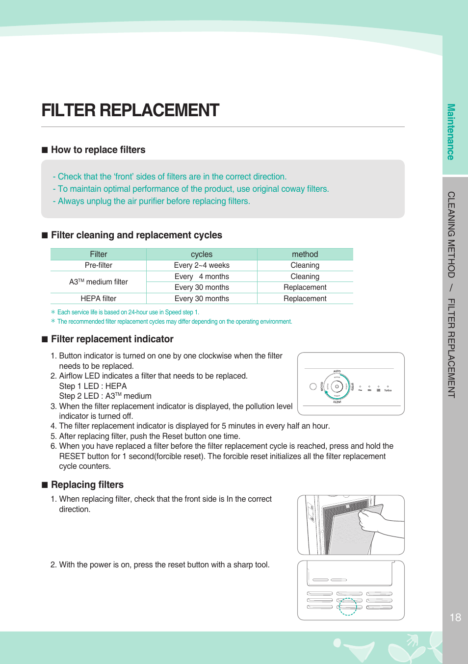 Filter replacement | Coway AP-1008BH User Manual | Page 19 / 24