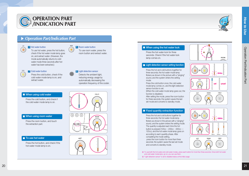 Operation part /indication part, Operation part/indication part | Coway CHP-06DL User Manual | Page 11 / 20