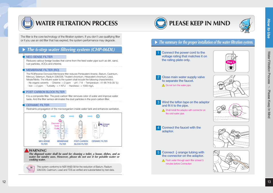Water filtration process please keep in mind, The 6-step water filtering system (chp-06dl) | Coway CHP-06DL User Manual | Page 7 / 20