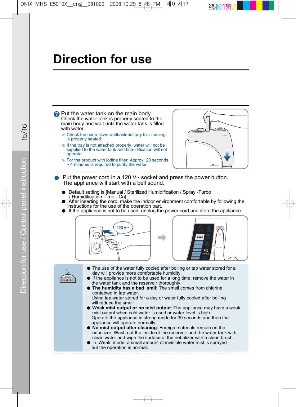 Direction for use, Direction for use / control panel instruction, Put the water tank on the main body | Coway MHS-E5010X User Manual | Page 17 / 50