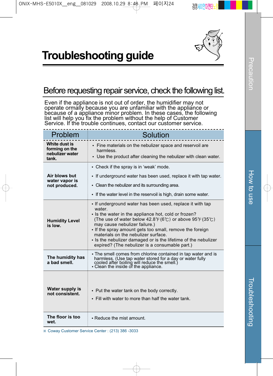 Troubleshooting guide, Problem solution, Precaution how to use t roubleshooting | Coway MHS-E5010X User Manual | Page 24 / 50