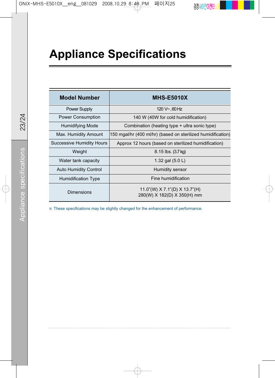 Appliance specifications | Coway MHS-E5010X User Manual | Page 25 / 50