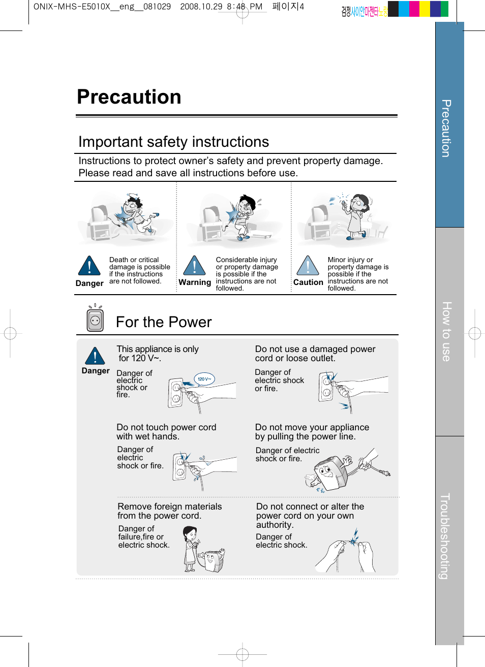 Precaution, For the power important safety instructions, Precaution how to use t roubleshooting | Coway MHS-E5010X User Manual | Page 4 / 50