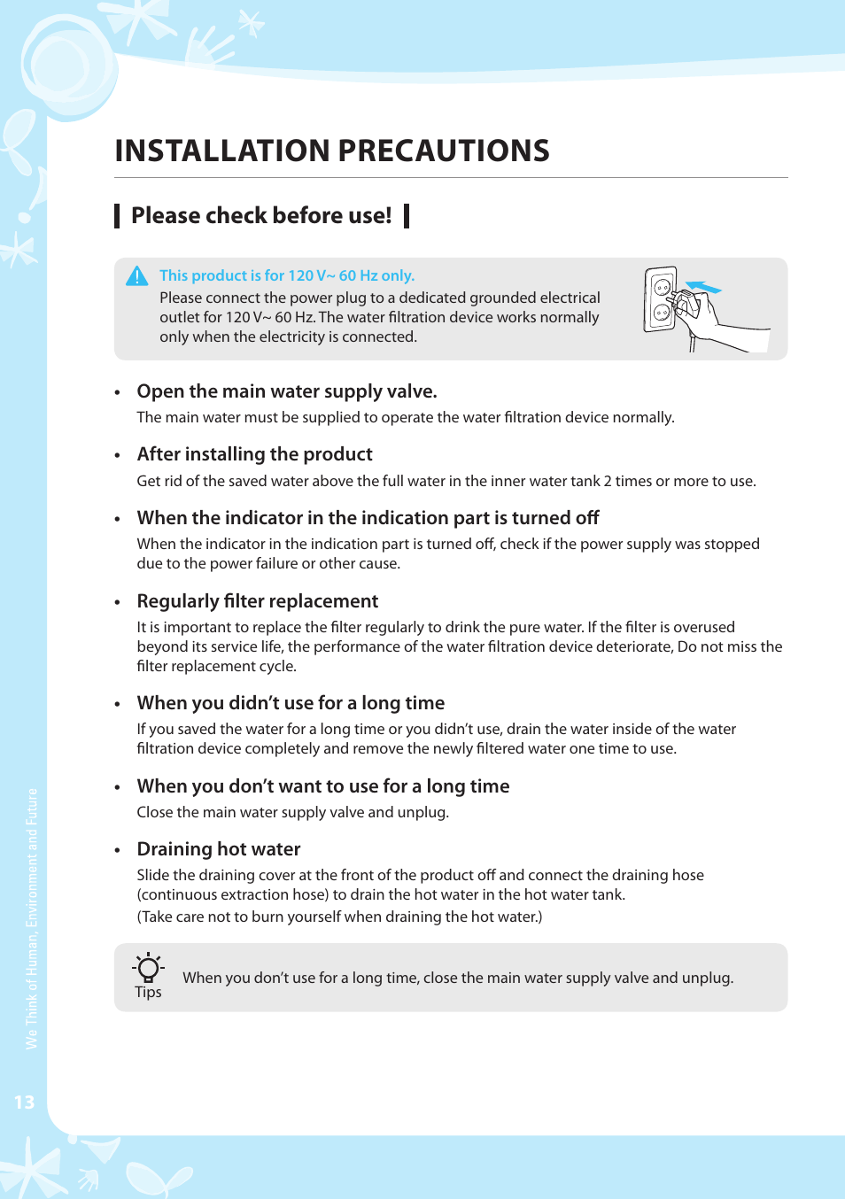 Installation precautions, Please check before use | Coway CHP-03AR User Manual | Page 14 / 42