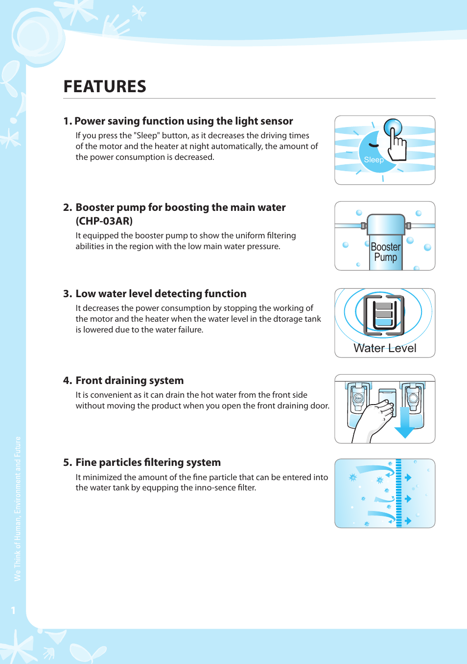 Features, Water level | Coway CHP-03AR User Manual | Page 2 / 42