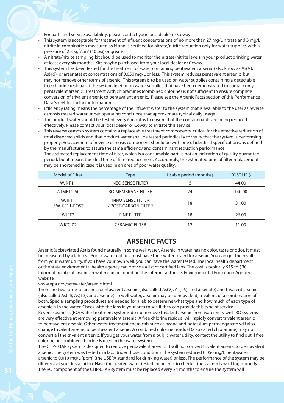 Arsenic facts | Coway CHP-03AR User Manual | Page 32 / 42