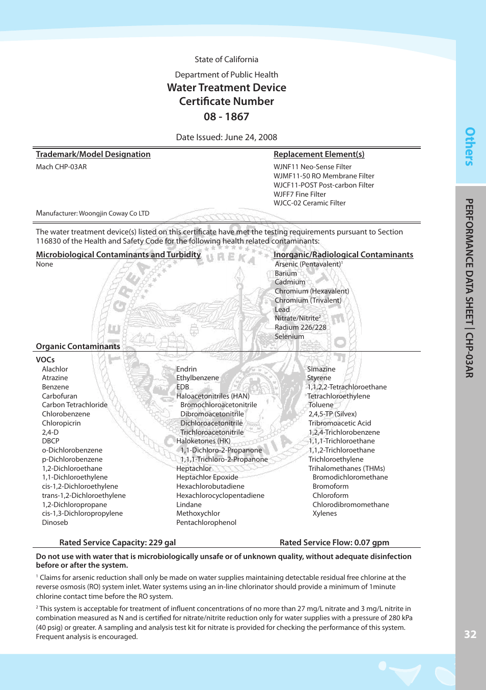 Others, Pe rfo rm ance d at a shee t | ch p-03a r | Coway CHP-03AR User Manual | Page 33 / 42