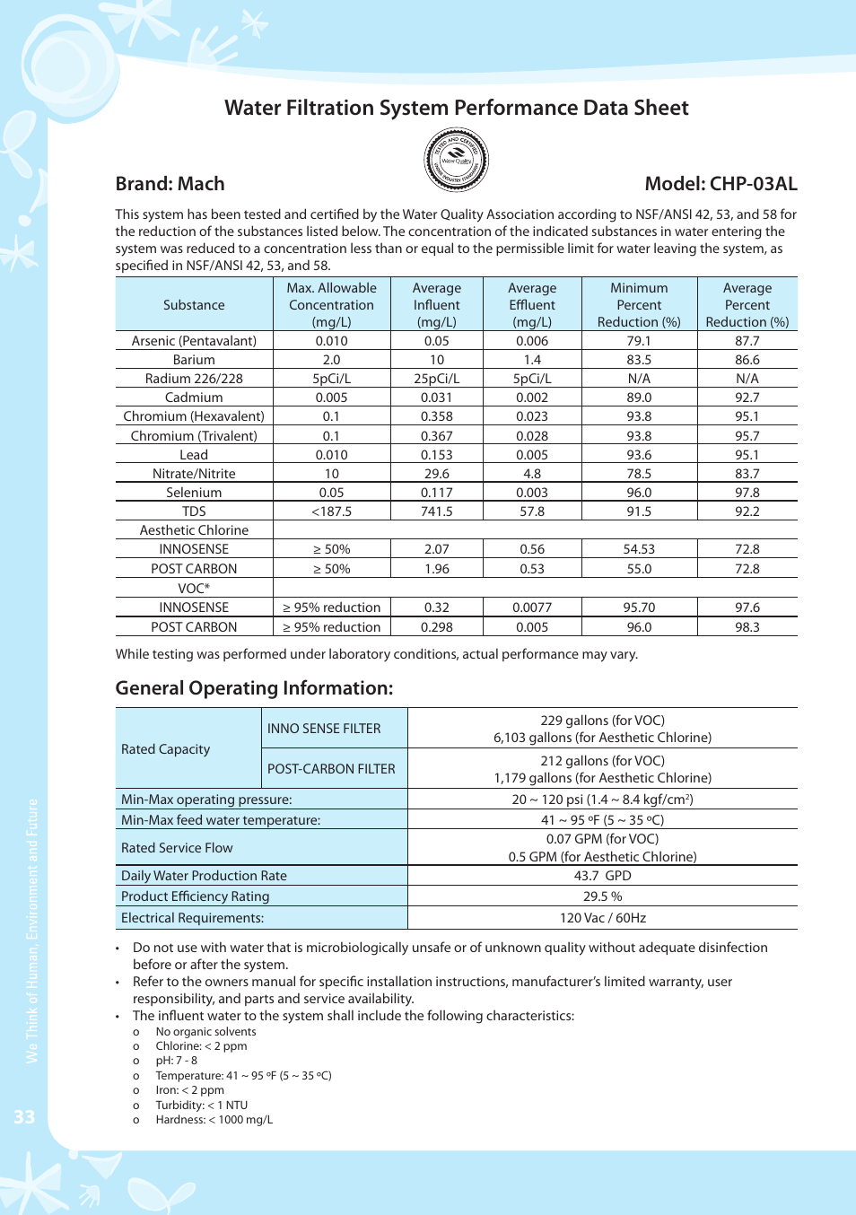 Water filtration system performance data sheet, Brand: mach model: chp-03al, General operating information | Coway CHP-03AR User Manual | Page 34 / 42