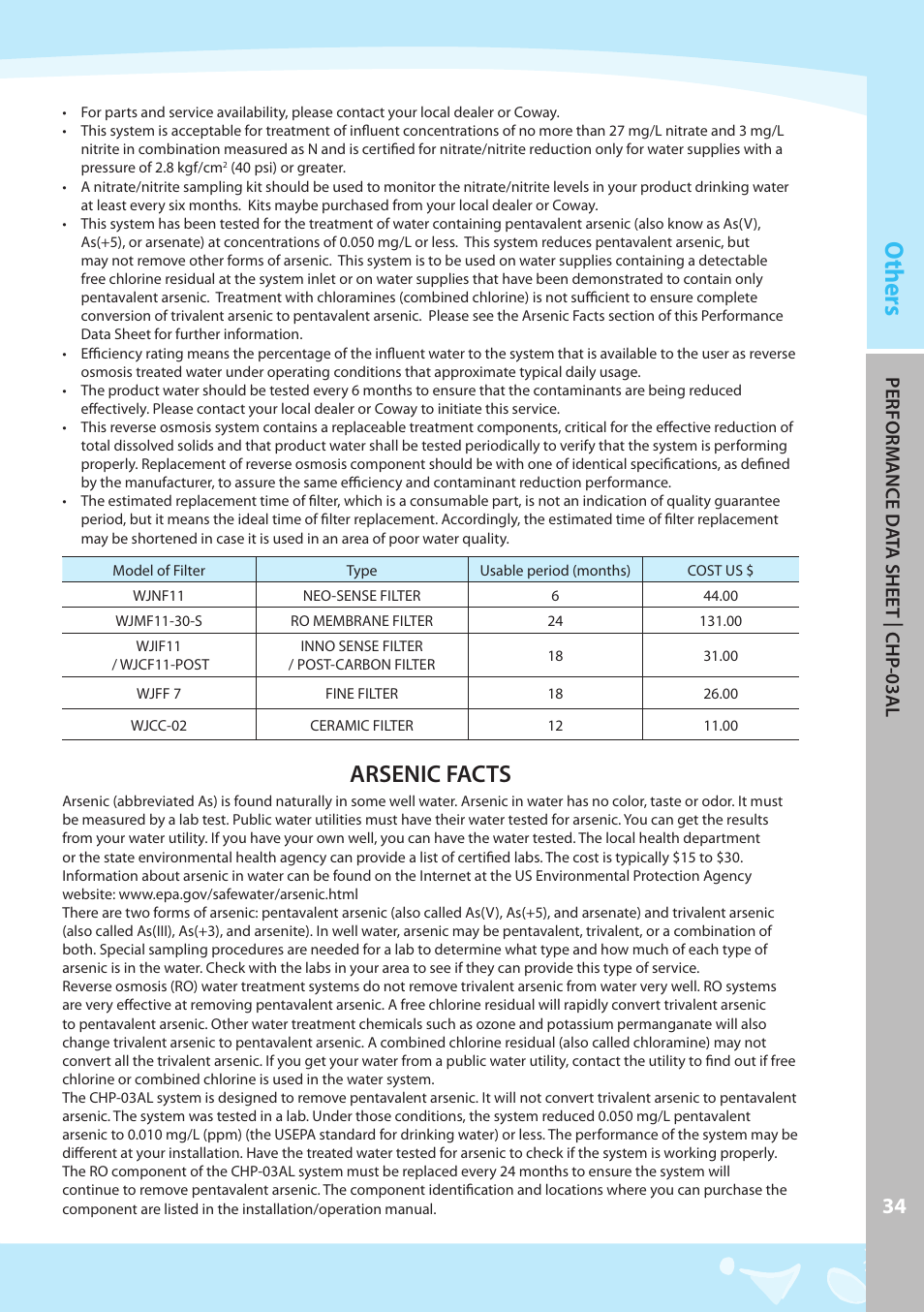 Others, Arsenic facts, Pe rfo rm ance d at a shee t | ch p-03al | Coway CHP-03AR User Manual | Page 35 / 42