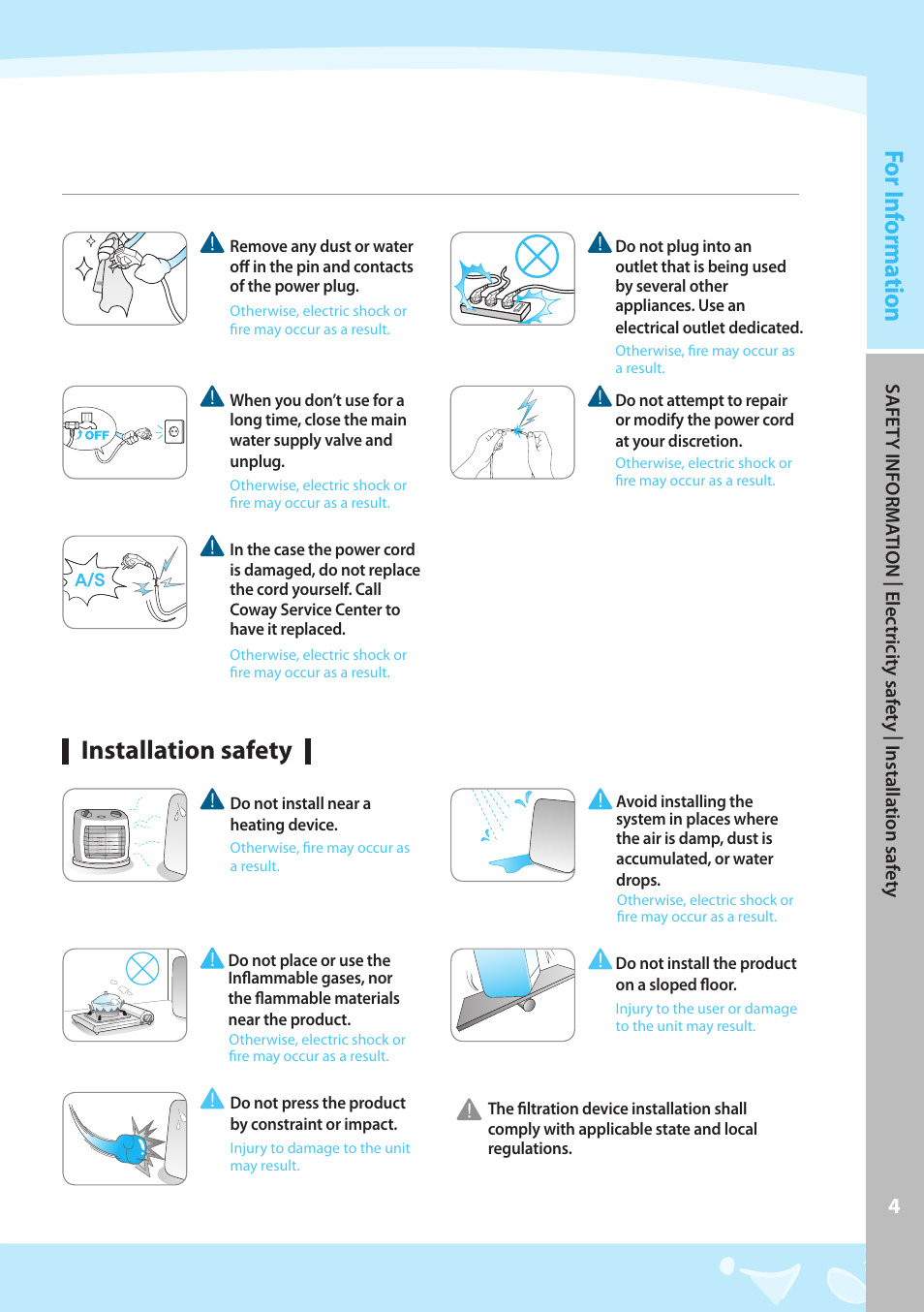 Installation safety, For i nf orma tion | Coway CHP-03AR User Manual | Page 5 / 42