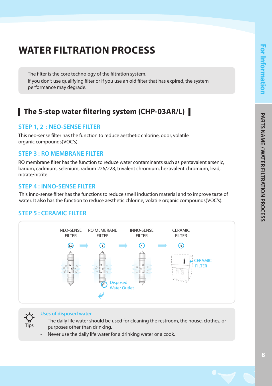 Water filtration process, The 5-step water filtering system (chp-03ar/l), Fo r i nf orma tion | Coway CHP-03AR User Manual | Page 9 / 42