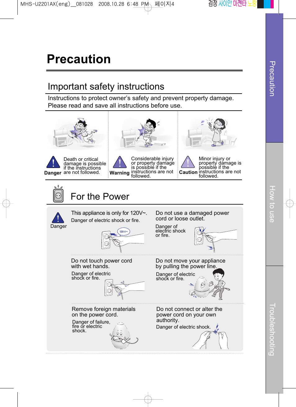 Precaution, For the power, Important safety instructions | Precaution how to use t roubleshooting | Coway MHS-U2201AX User Manual | Page 4 / 34
