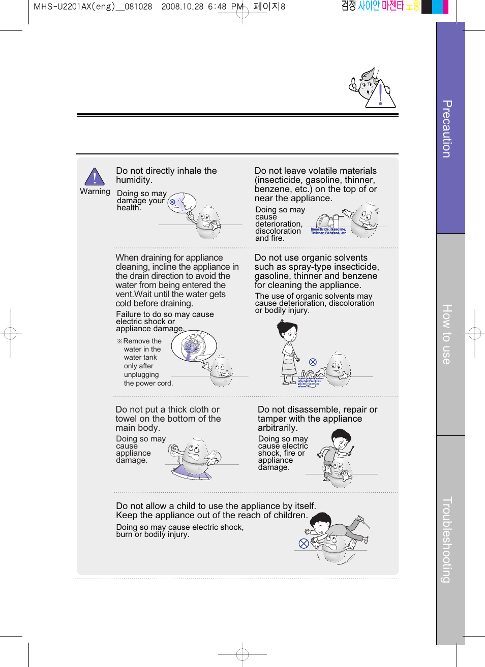 Precaution how to use t roubleshooting | Coway MHS-U2201AX User Manual | Page 8 / 34