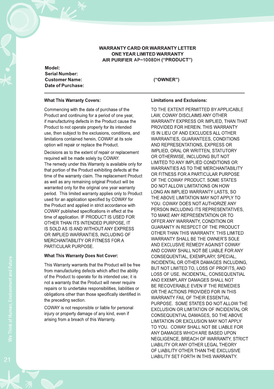 Coway AP-1008DH User Manual | Page 22 / 24
