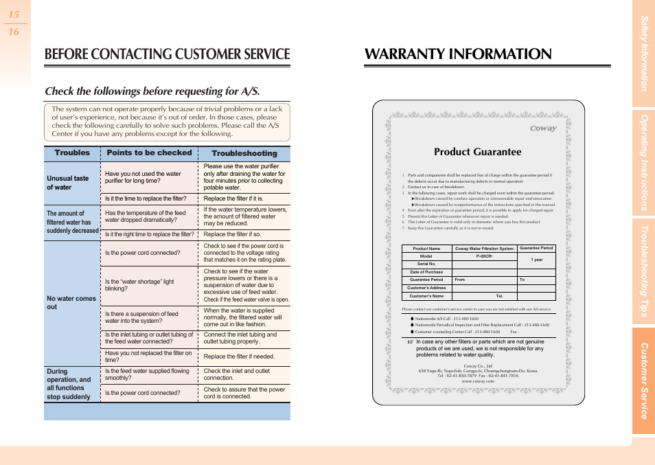 Warranty information, Before contacting customer service, Product guarantee | Check the followings before requesting for a/s | Coway P-06CR User Manual | Page 9 / 10