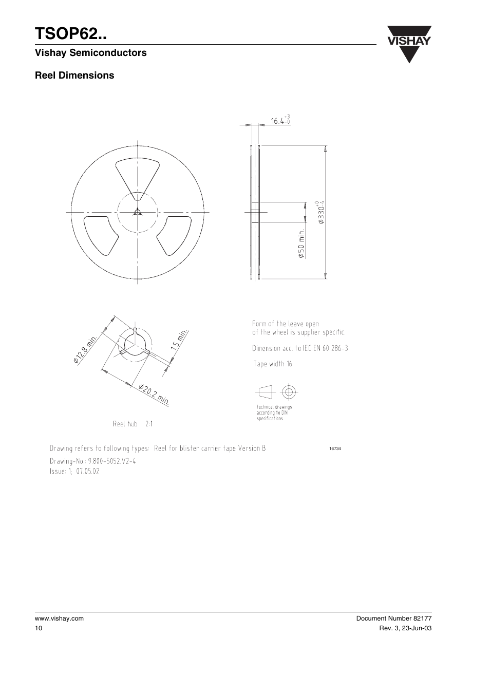 Reel dimensions, Tsop62, Vishay | Vishay TSOP62 User Manual | Page 10 / 14