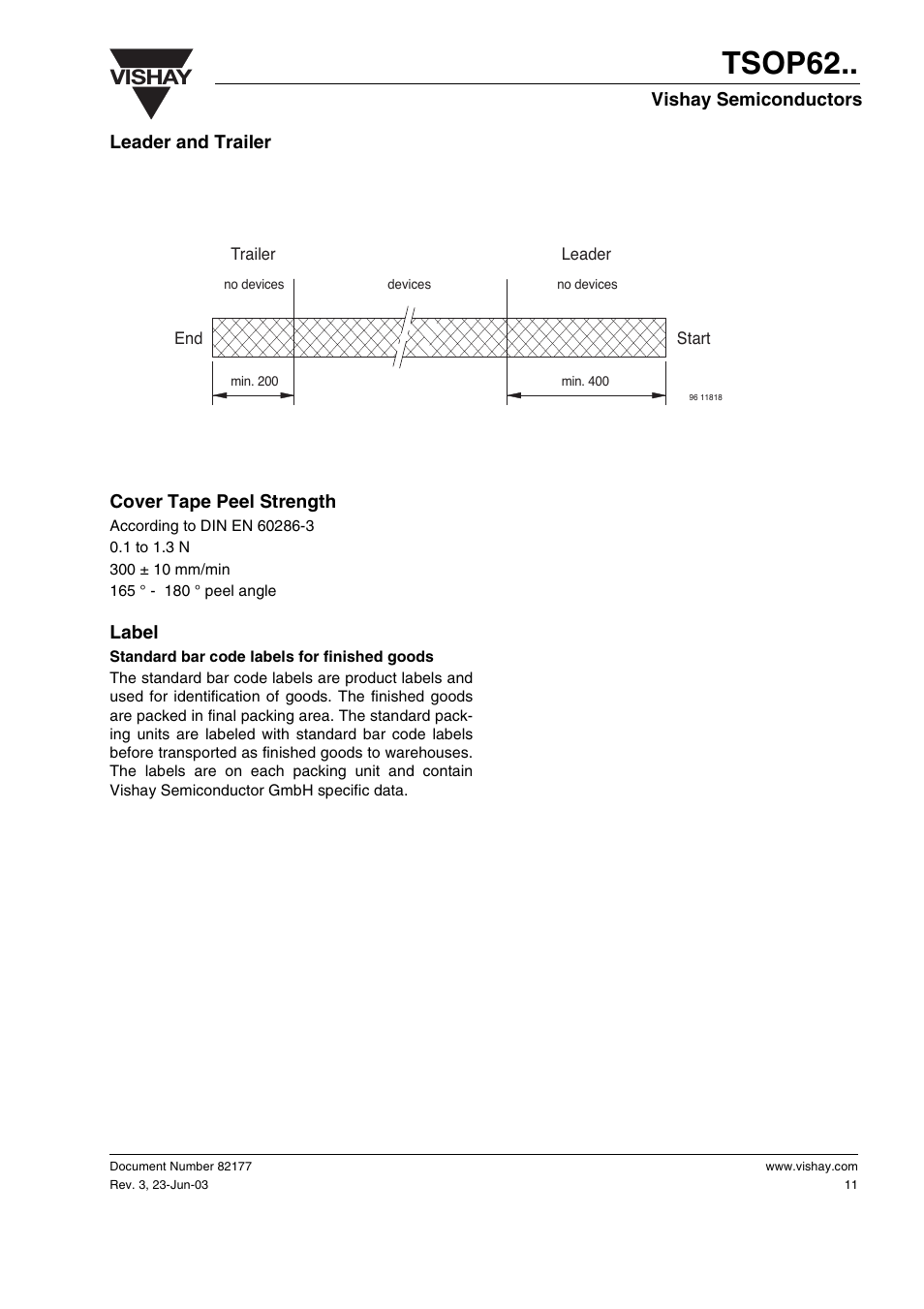 Leader and trailer, Cover tape peel strength, Label | Tsop62, Vishay | Vishay TSOP62 User Manual | Page 11 / 14