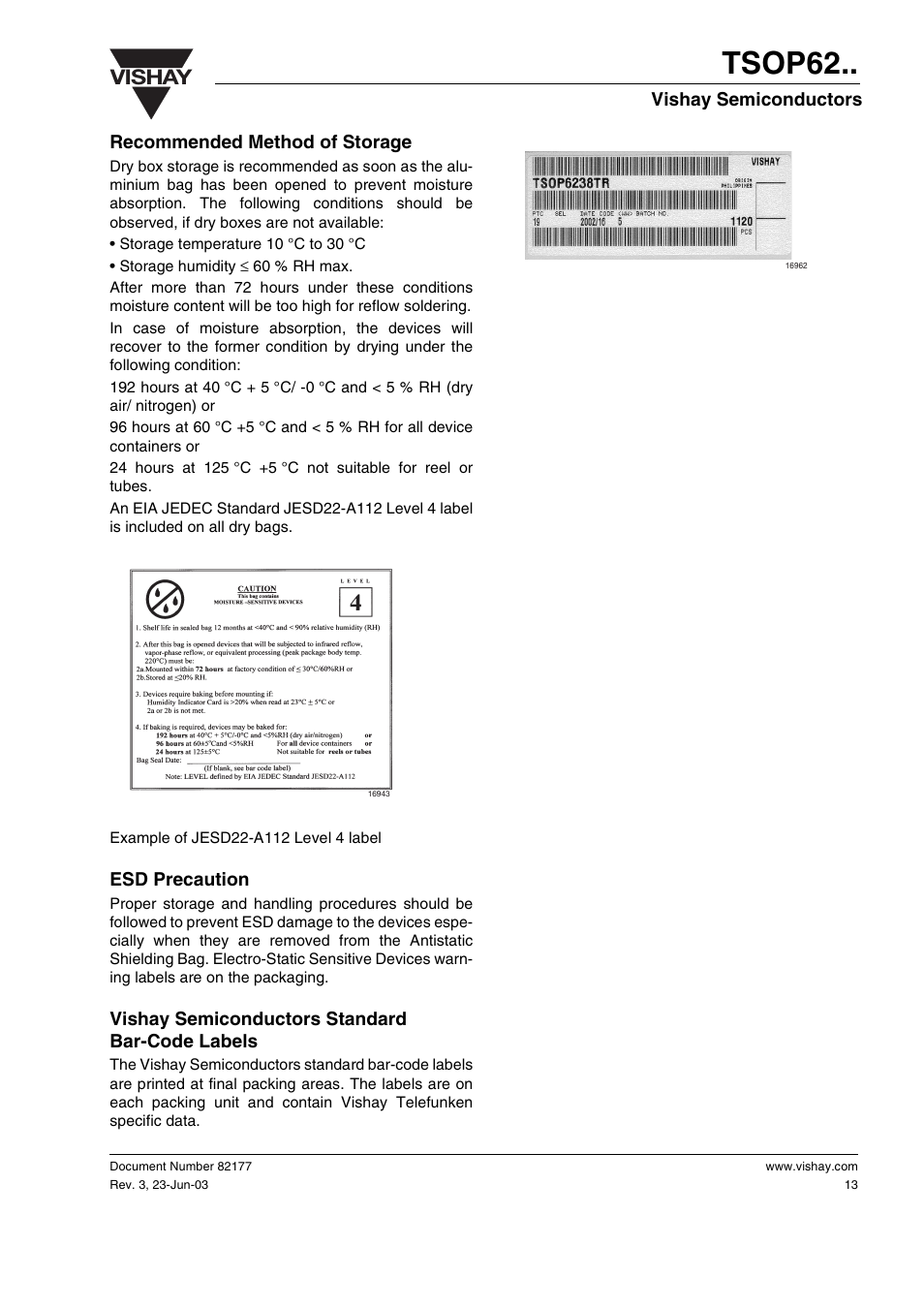 Recommended method of storage, Esd precaution, Vishay semiconductors standard bar-code labels | Tsop62, Vishay, Vishay semiconductors | Vishay TSOP62 User Manual | Page 13 / 14