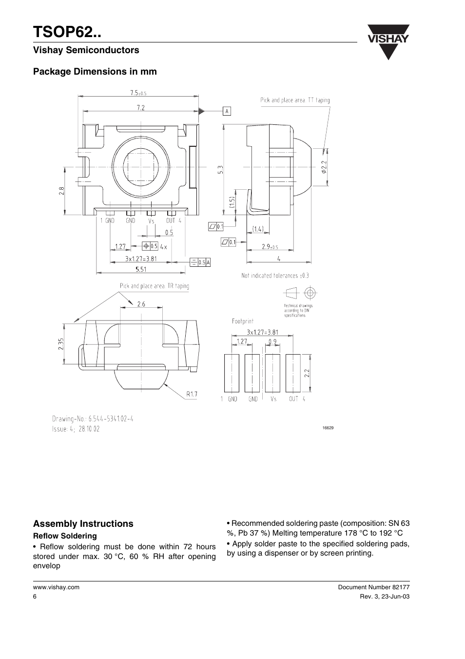 Package dimensions in mm, Assembly instructions, Tsop62 | Vishay | Vishay TSOP62 User Manual | Page 6 / 14