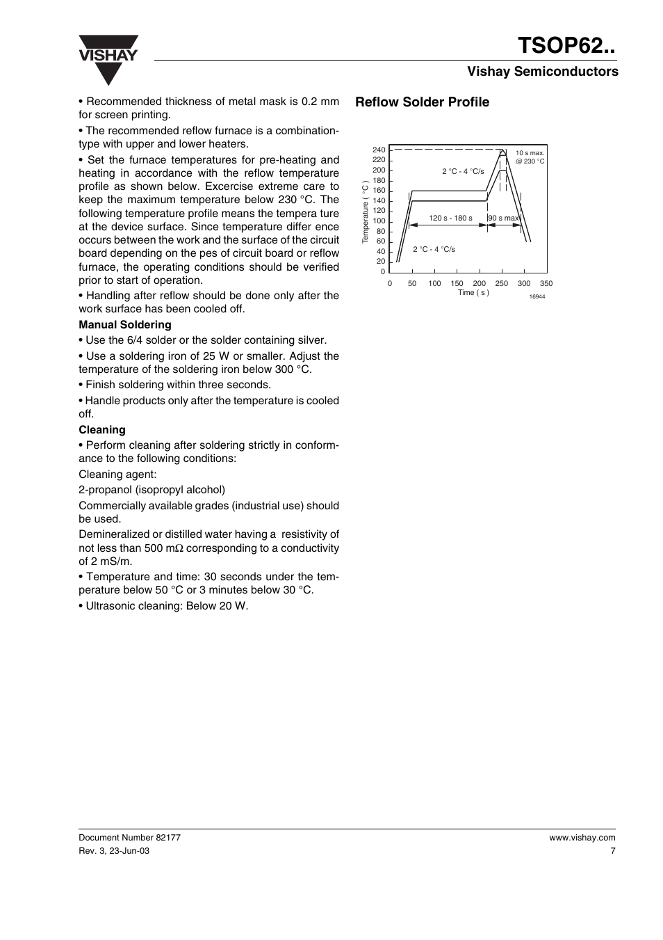 Reflow solder profile, Tsop62, Vishay | Vishay semiconductors | Vishay TSOP62 User Manual | Page 7 / 14