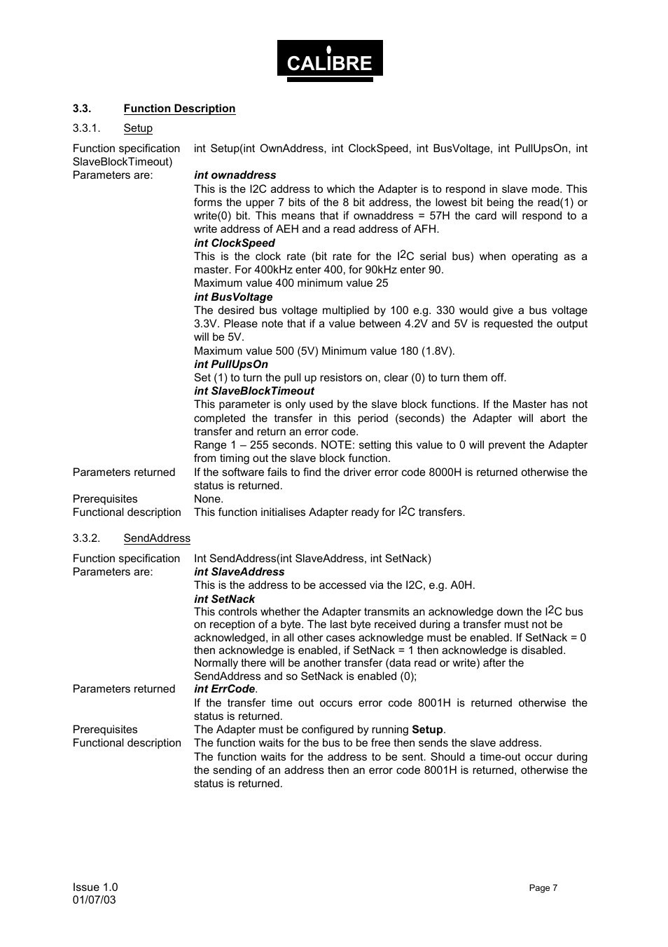 Function description, Setup, Sendaddress | Calibre | Calibre UK UCA93 User Manual | Page 10 / 25