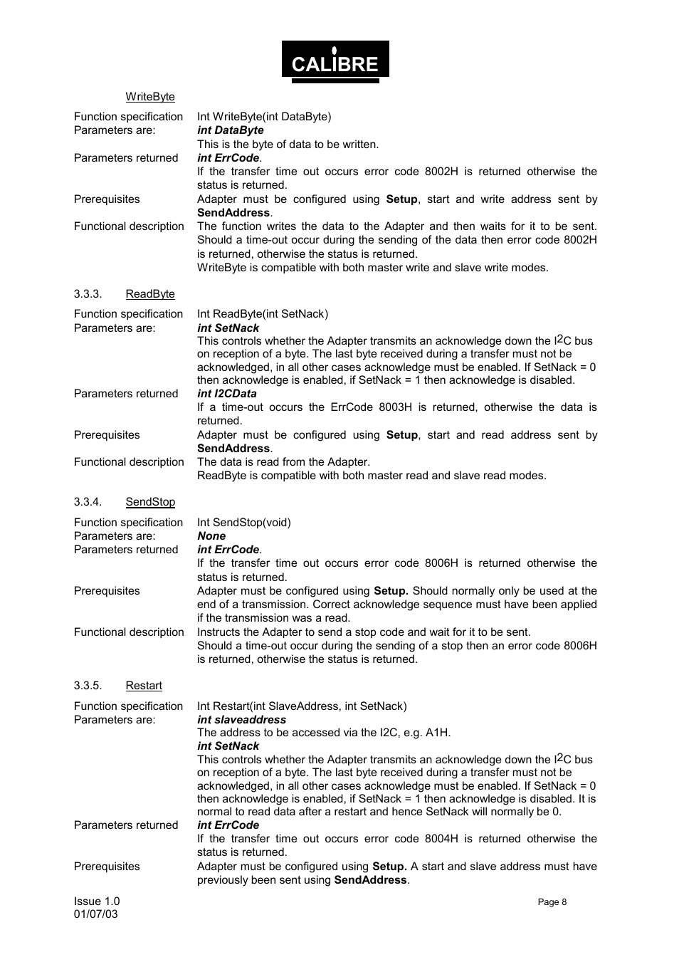 Writebyte, Readbyte, Sendstop | Restart, Calibre | Calibre UK UCA93 User Manual | Page 11 / 25