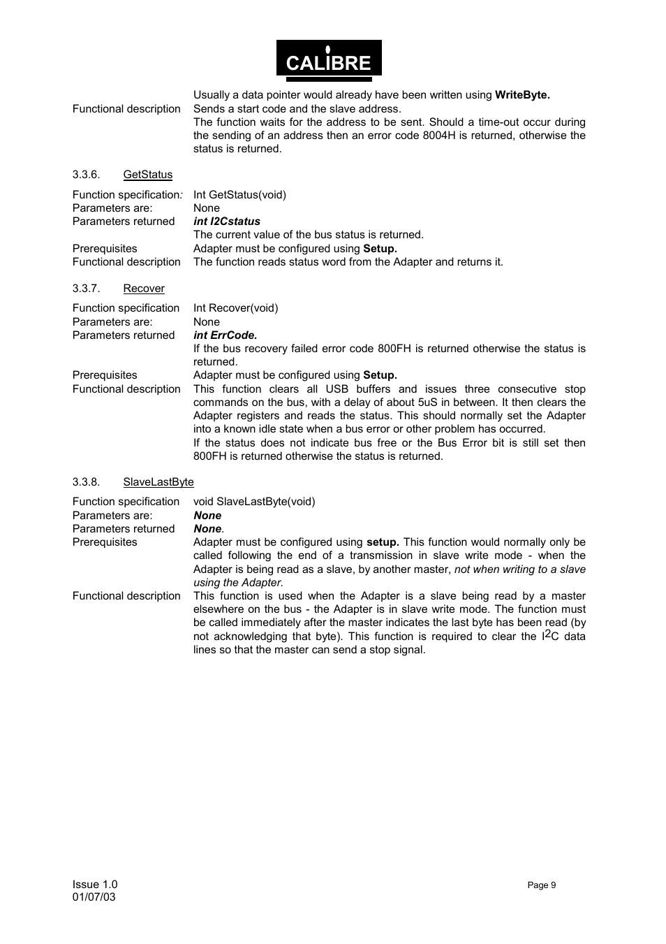 Getstatus, Recover, Slavelastbyte | Calibre | Calibre UK UCA93 User Manual | Page 12 / 25