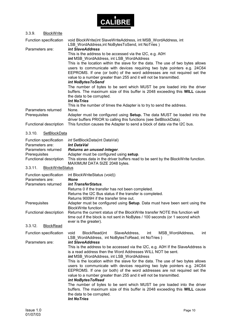 Blockwrite, Setblockdata, Blockwritestatus | Blockread, Calibre | Calibre UK UCA93 User Manual | Page 13 / 25