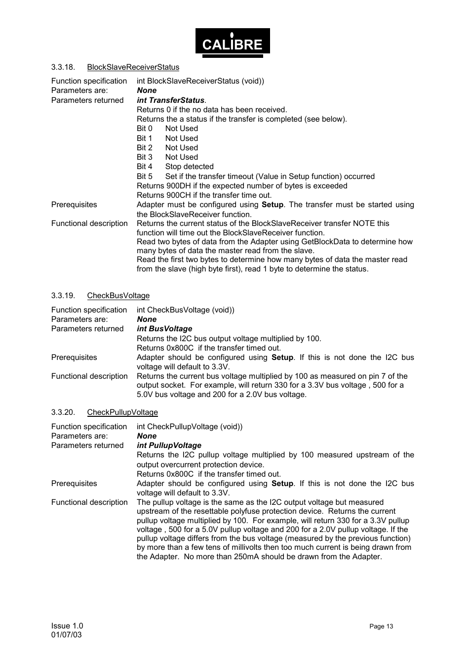 Blockslavereceiverstatus, Checkbusvoltage, Checkpullupvoltage | Calibre | Calibre UK UCA93 User Manual | Page 16 / 25