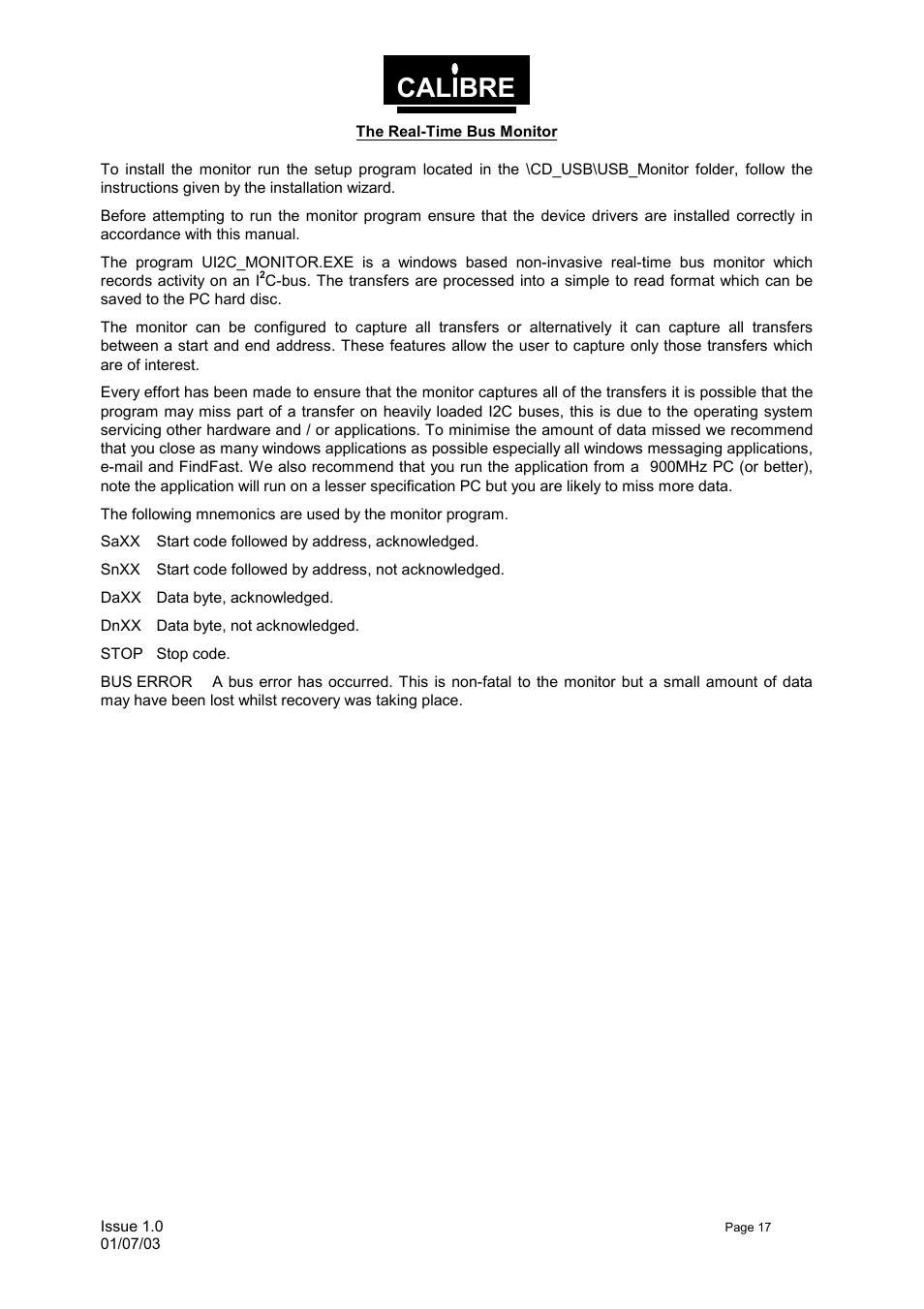 The real-time bus monitor, Calibre | Calibre UK UCA93 User Manual | Page 20 / 25